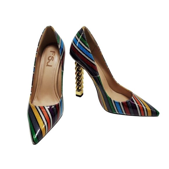 FSJ Womens Pointed Toe Chain Heel Striped Multicolor Pumps Size 8 - Picture 5 of 11